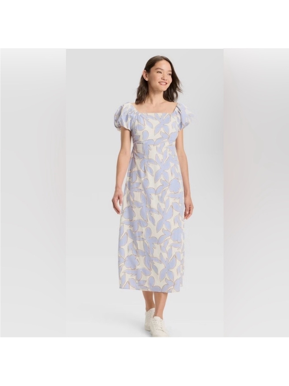 NEW A New Day Puff Sleeve Midi Dress Blue Cream Floral Size XS